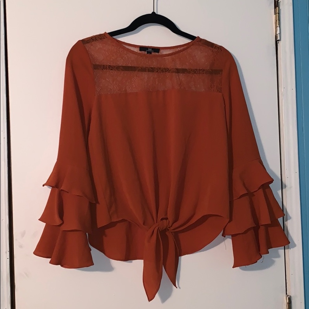 Orange Blouse with Tie Front and Ruffle Sleeves